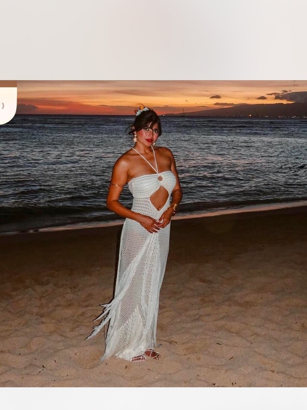 Fashion Nova White Crochet Halter Maxi Dress with Cutout